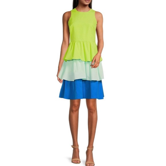 Color Block Bailey Ruffles  Crew Neck Sleeveless Tiered A-Line Dress - Picture 3 of 5